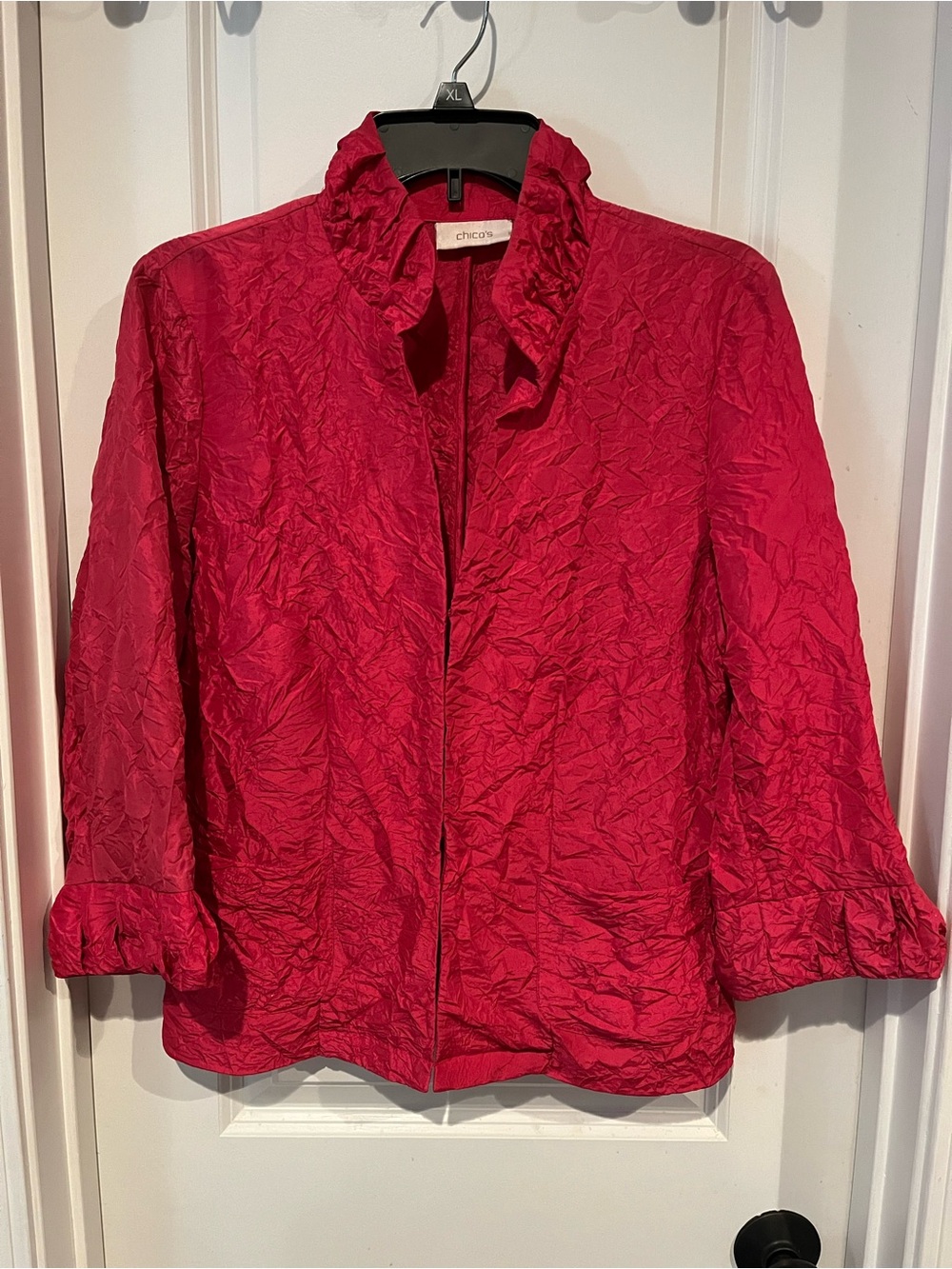Chico's Ruffled Collar Crinkle Jacket in Pink